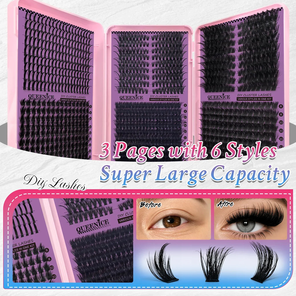 QUEENICE Three Fold Updated New DIY False Eyelash Extension 6 Mixed Styles Fluffy Voluminous Cat eye Spiky lash extensions
