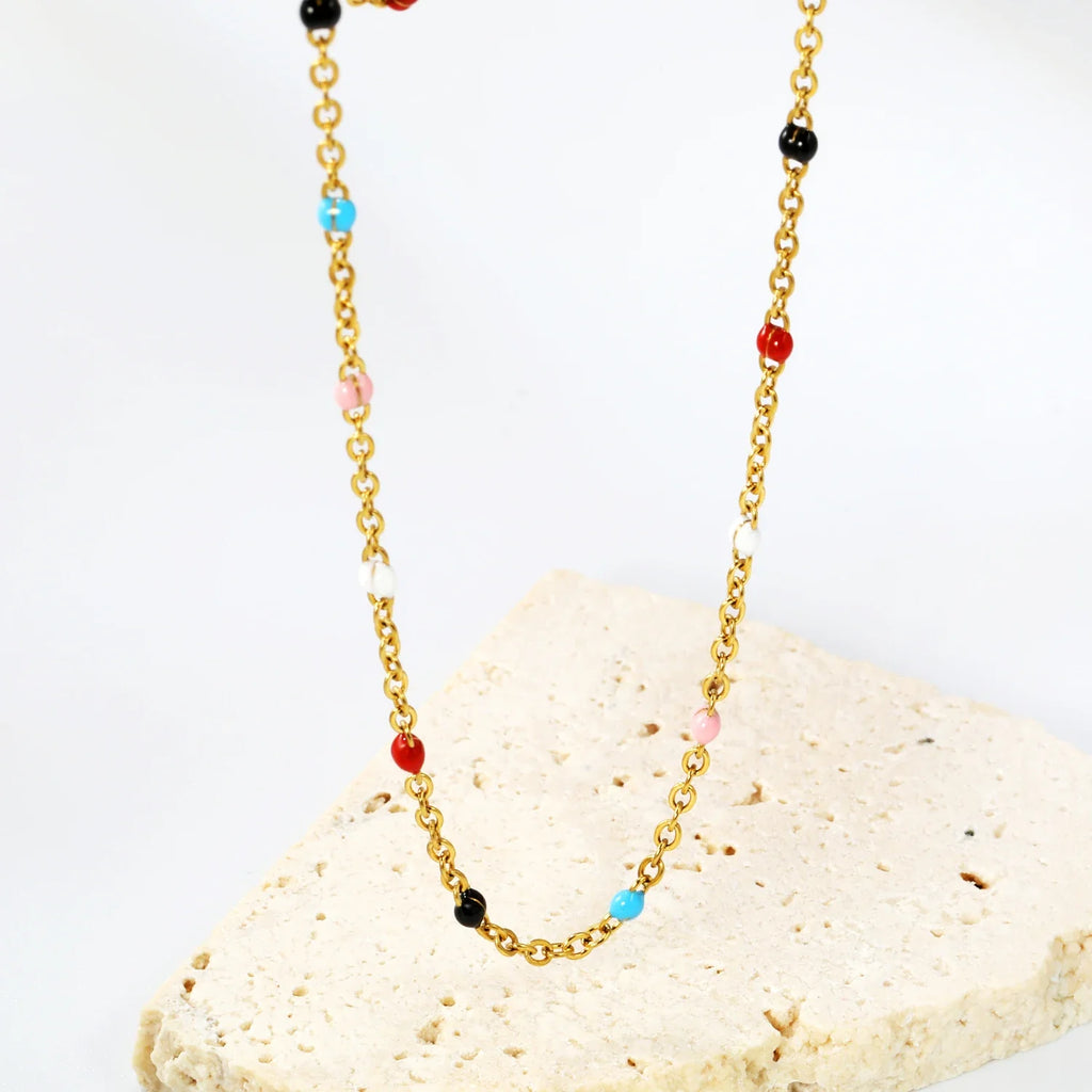 LUXUKISSKIDS Sweet Multicolor Drip-Oil Beads Necklace Women's Bohemia Stylish Clavicle Choker Simple Chain Collier Steel Jewelry