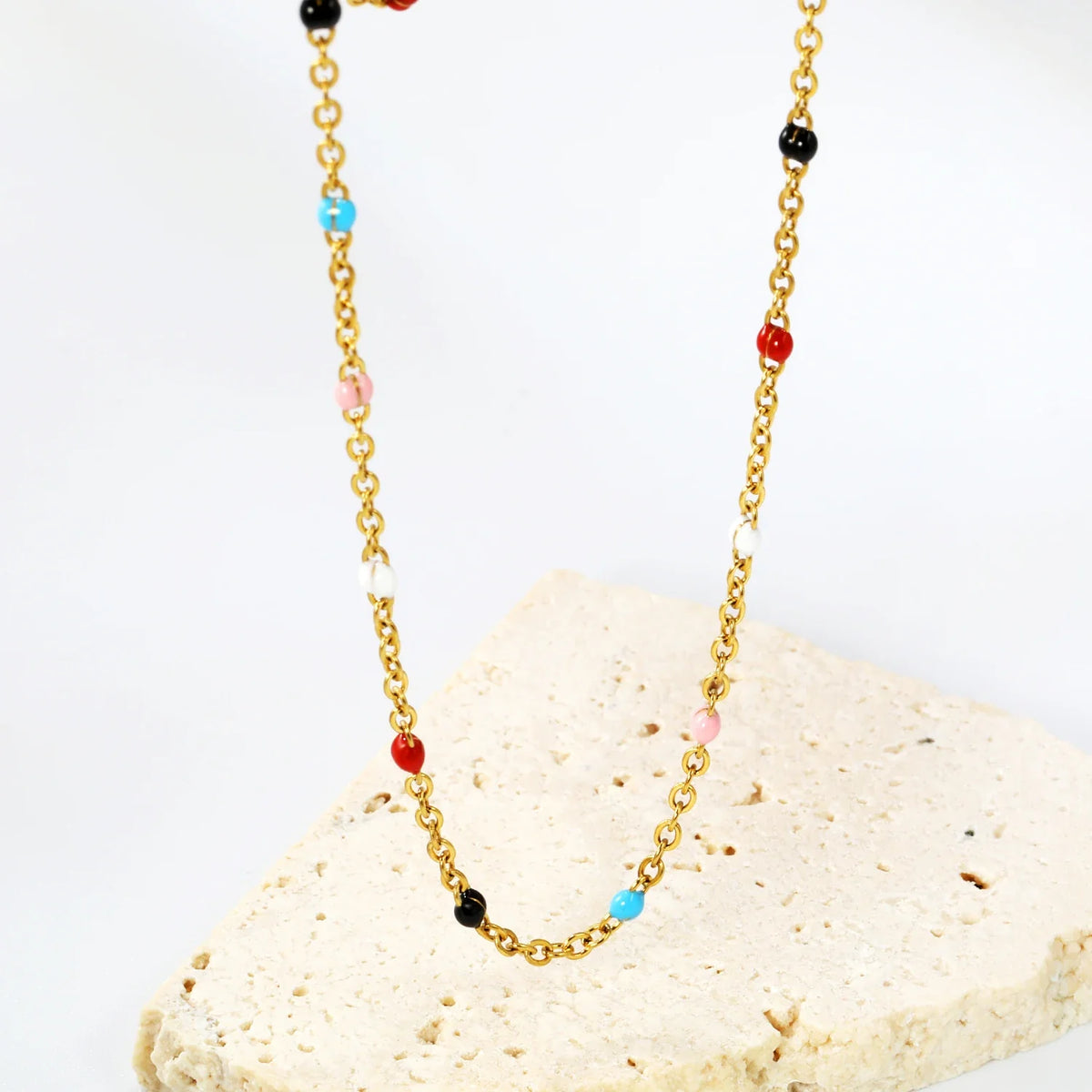 LUXUKISSKIDS Sweet Multicolor Drip-Oil Beads Necklace Women's Bohemia Stylish Clavicle Choker Simple Chain Collier Steel Jewelry