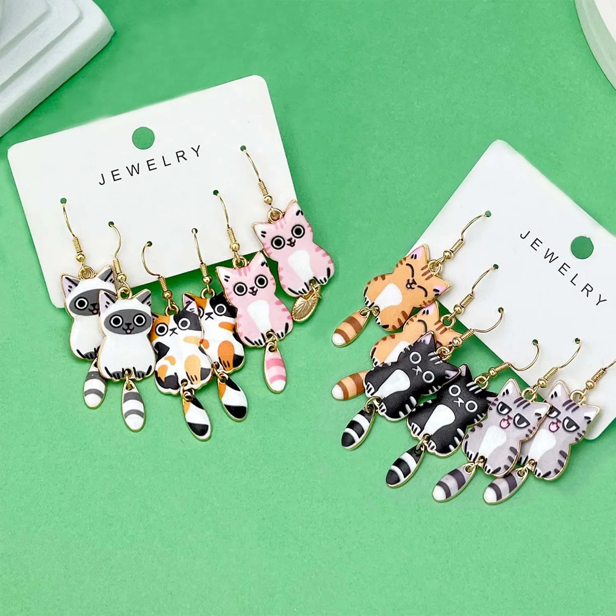Fashionable Enamel Cat Earrings Set | 3 Pairs Cute Cartoon Drop Earrings for Women and Girls