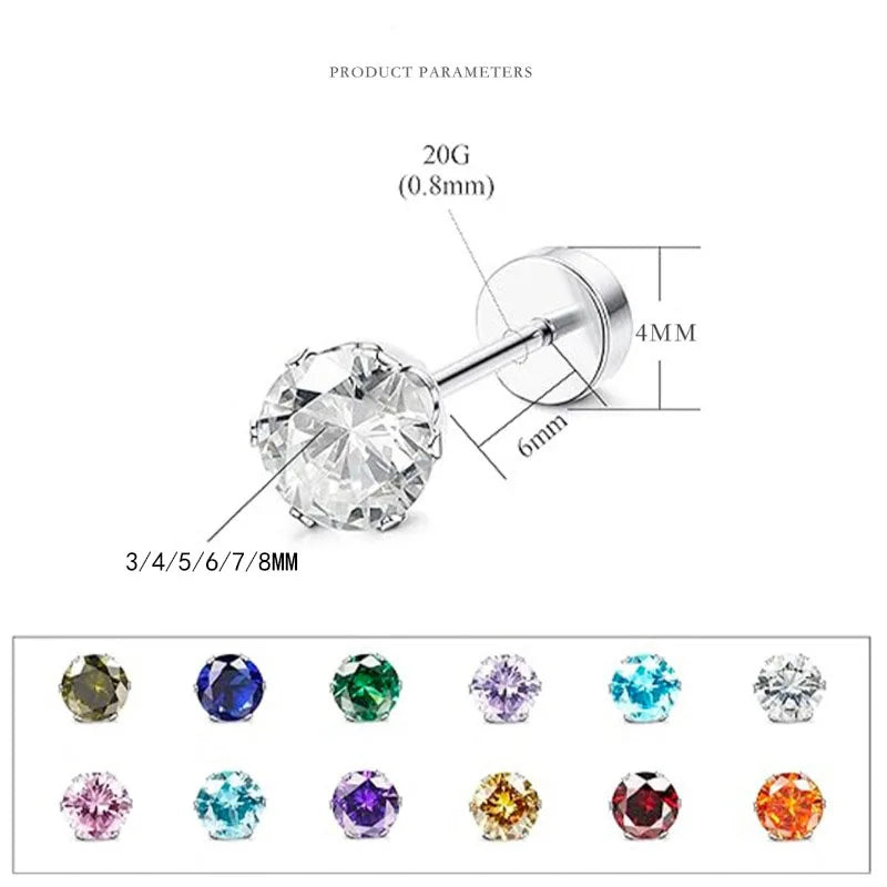2pcs 20G Hypoallergenic Stud Earrings for Women Men, Stainless Steel Flatback Earrings Cubic Zirconia Earring Piercing Jewelry