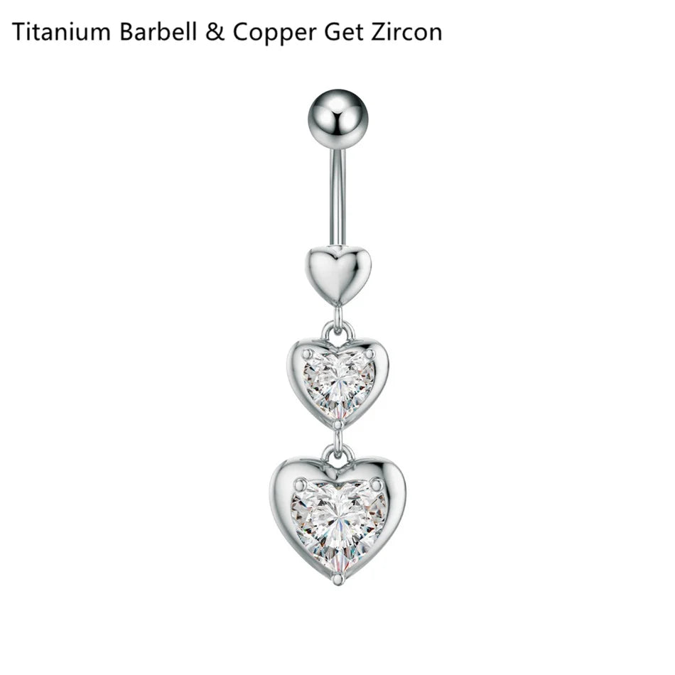 14G Crystal Heart Butterfly Dangle Belly Button Rings CZ Zircon Drop Navel Barbell Belly Rings Body Piercing Jewelry for Women