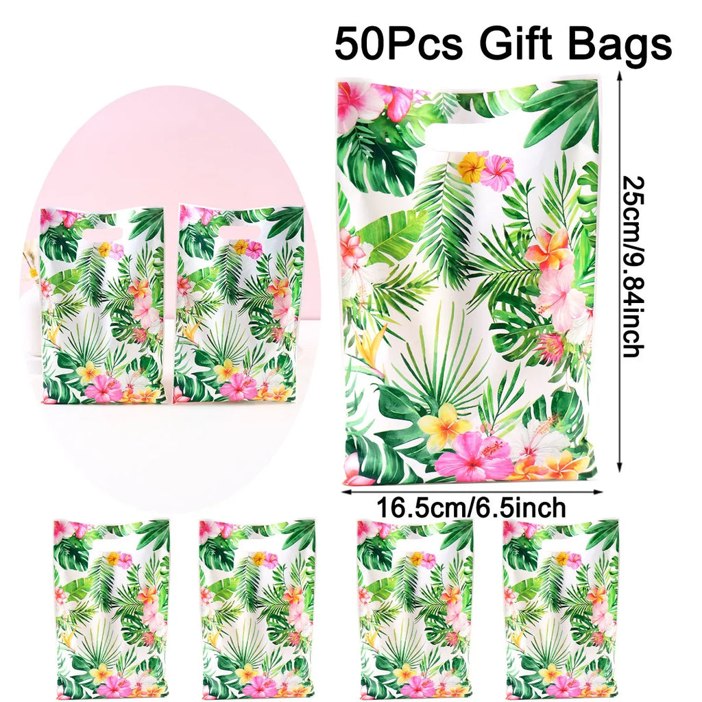 Tropical Hawaiian Party Tablecloth and Candy Bags Set | Flamingo Summer Decor
