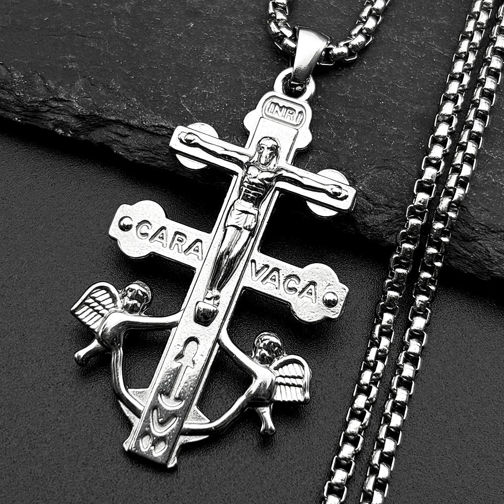 Catholic INRI Caravaca Cross Jesus Crucifix Pendant Necklace | Stainless Steel Gold Color Jewelry Gift