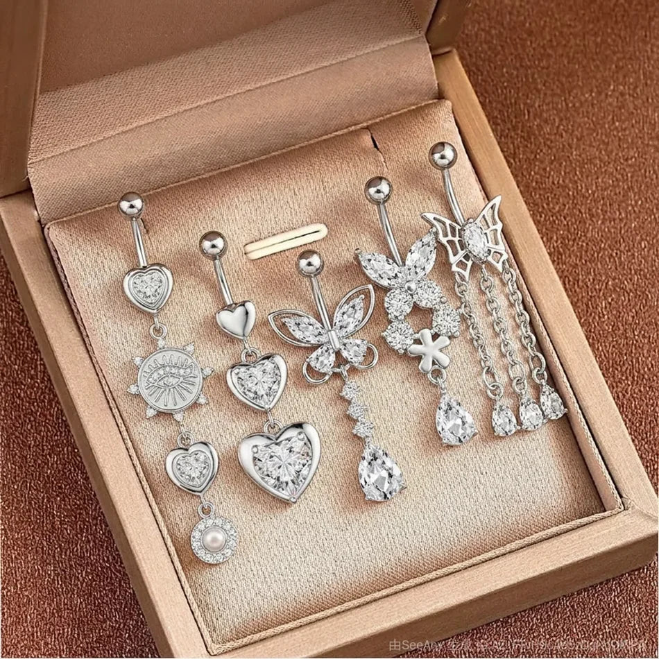 14G Crystal Heart Butterfly Dangle Belly Button Rings CZ Zircon Drop Navel Barbell Belly Rings Body Piercing Jewelry for Women