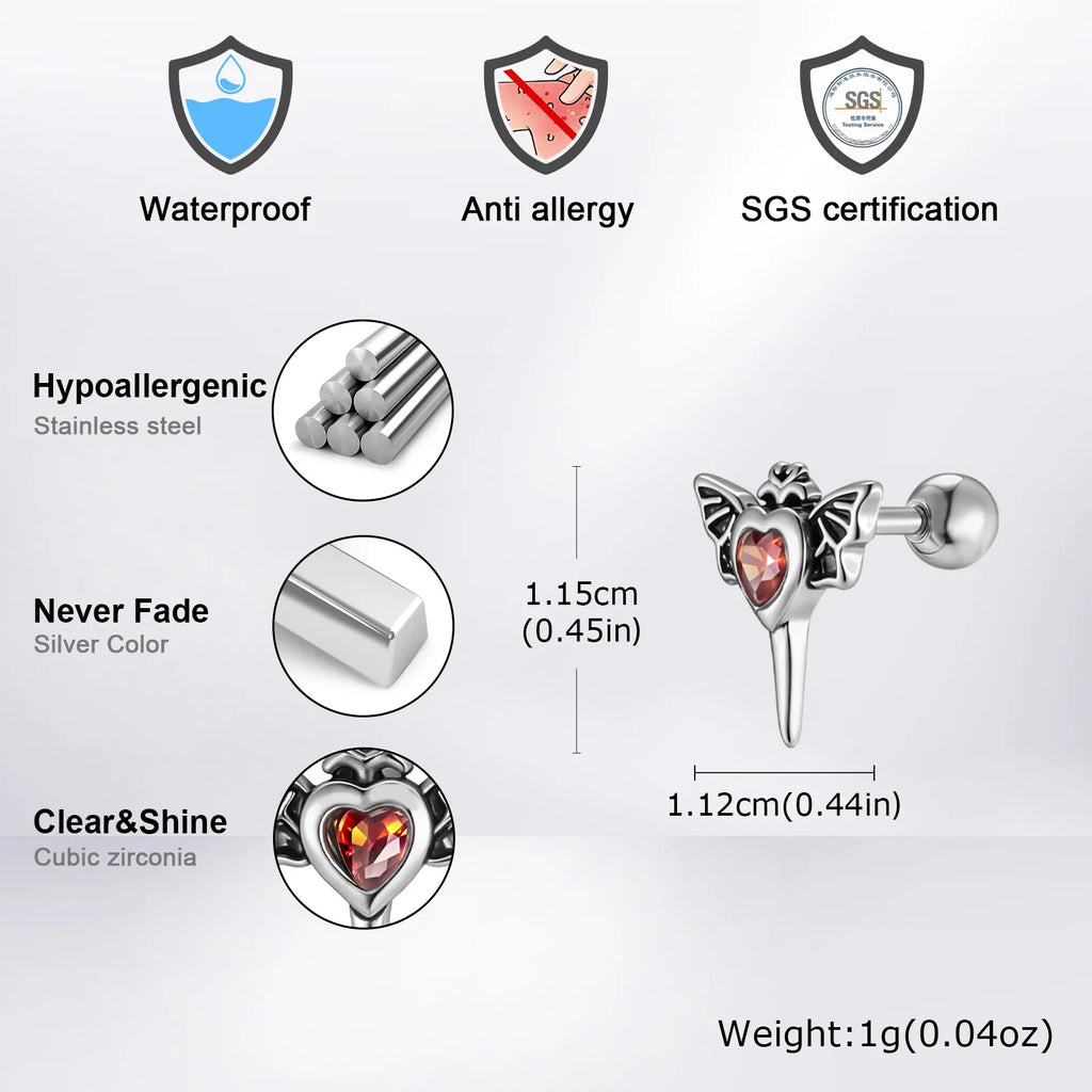 Stainless Steel Heart Zircon Stud Earrings | Vintage Punk Unisex Jewelry