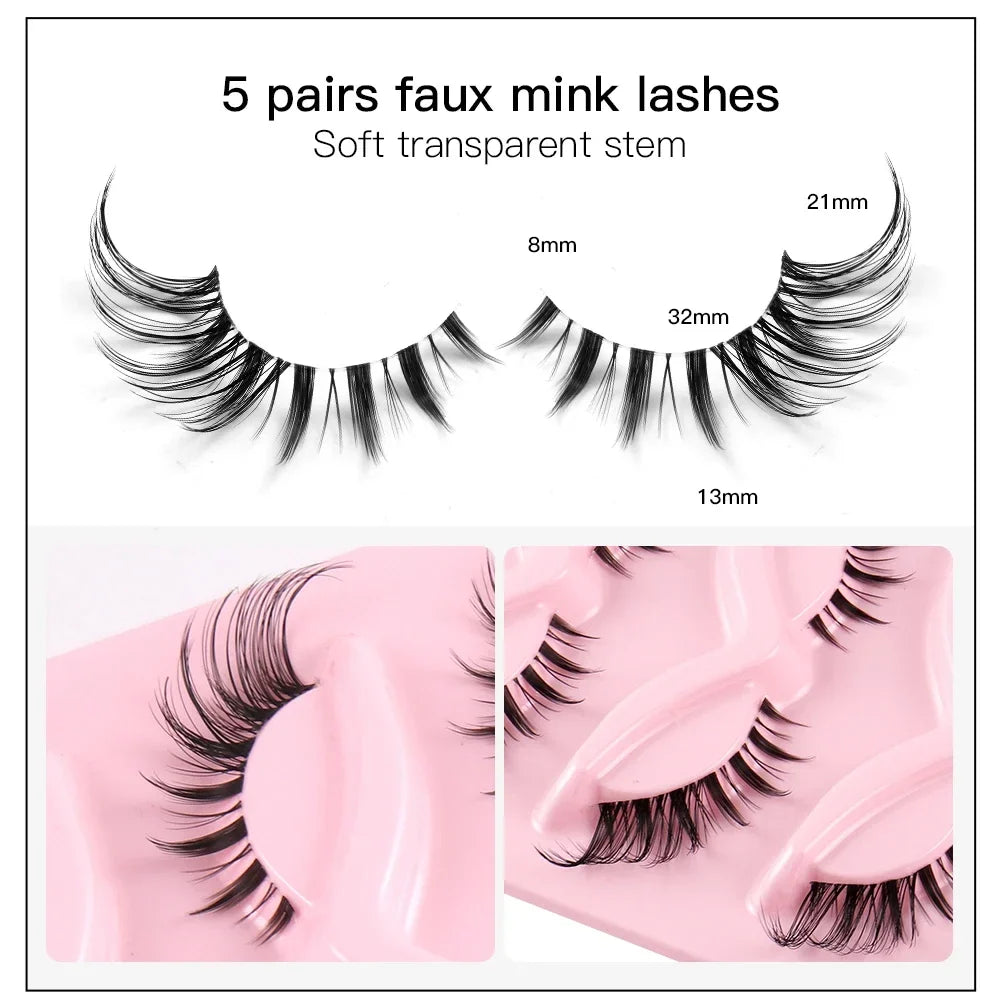 5 Pairs Cat Eye Lashes Natural Eyelashes Winged End Eye Elongated Eyelashes Clear Band Lashes Eyelash Extension Manga Lashes