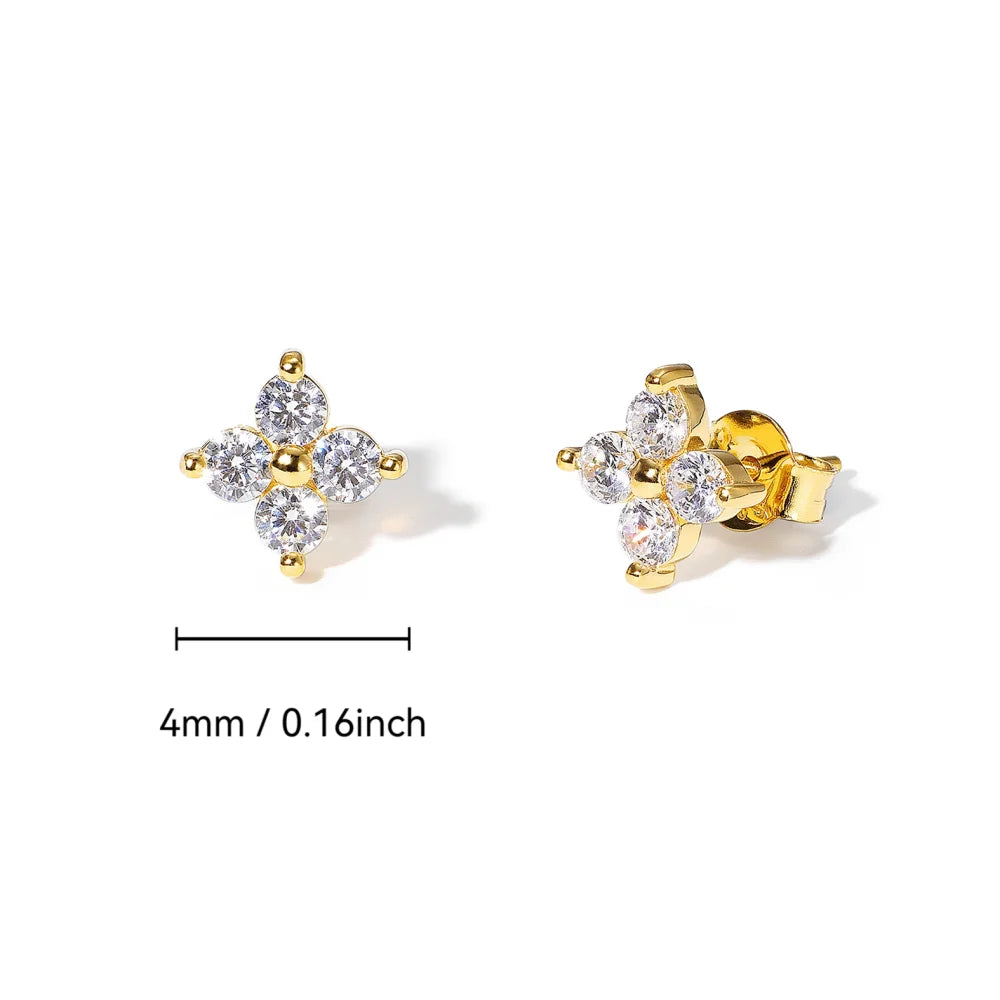 Dainty Flower Stainless Steel Stud Earrings for Women Piercing Cartilage Ear Ring Cute Zircon Gold Color Clover Jewelry Gift
