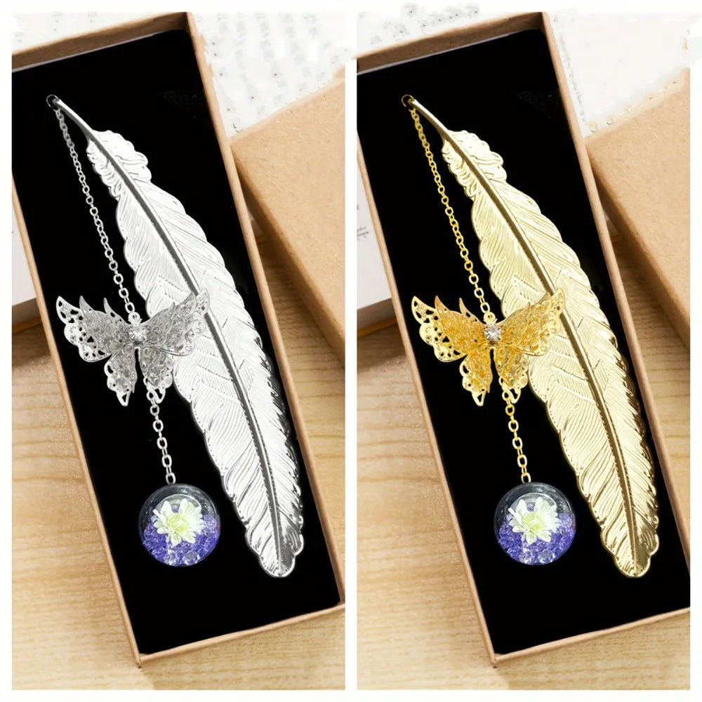 1Pcs Metal Feather Bookmark with Dried Flower Butterfly Boxed ,Teacher's Day Gift, Student Reading Accessory Creative Bookmark