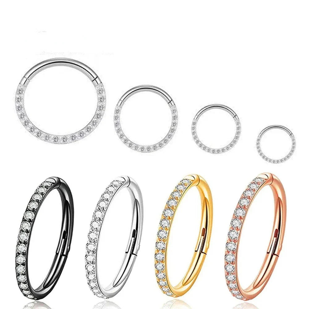 Steel Hinged Segment Hoop CZ Stone Nose Ring Nipple Clicker Ear Cartilage Tragus Helix Lip Earring Piercing Body Jewelry