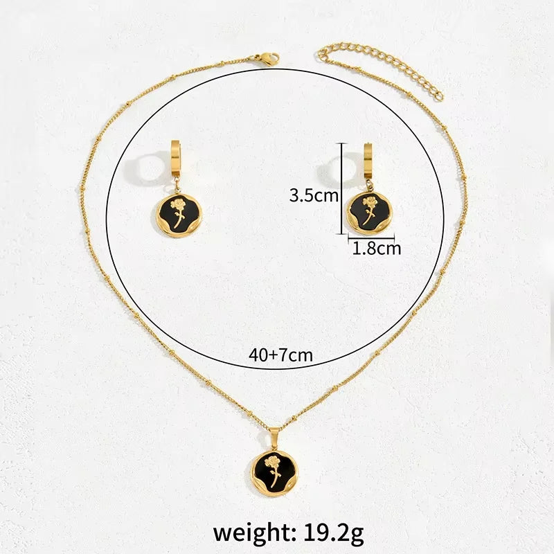 Fashion Gold Plated Jewelry Set - Black Enamel Rose Pendant Necklace and Earrings, Minimalist Style Women's Daily Wear