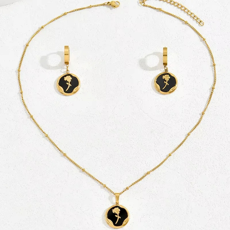 Fashion Gold Plated Jewelry Set - Black Enamel Rose Pendant Necklace and Earrings, Minimalist Style Women's Daily Wear