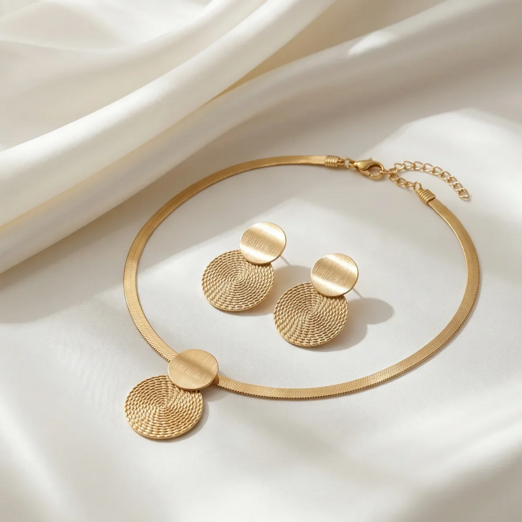Minimalist Gold Color Herringbone Choker & Earring Set Brushed Textured Double Disc Jewelry Set For Women Daily Office Wear