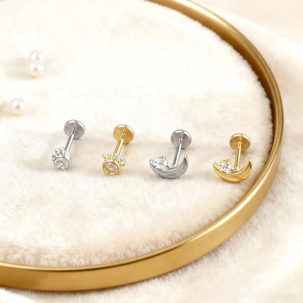 Stainless Steel Ear Studs - Micro Paved Zirconia Cartilage Earrings, Delicate Minimalist Piercing Jewelry for Women