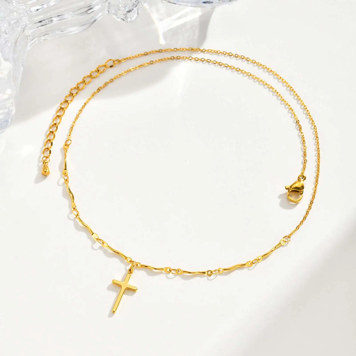 Minimalist Stainless Steel Cross Pendant Necklace, Non-fading Gold Plated Wave Chain Charm Necklace, Exquisite Jewelry for Women