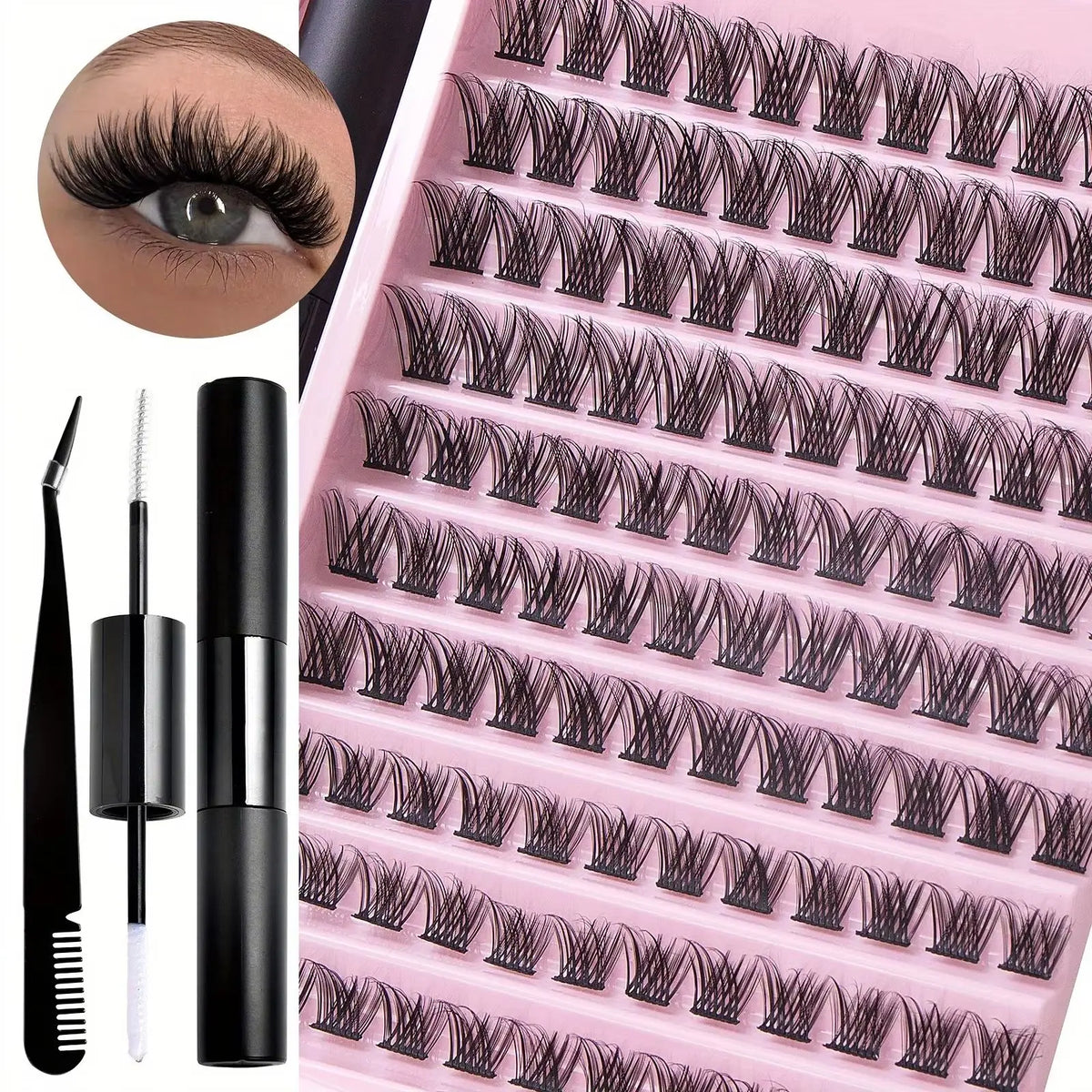 DIY Lash Extension Kit with Waterproof Strong Hold Lash Bond And Seal Lash Clusters Plus Eyelash Tweezers