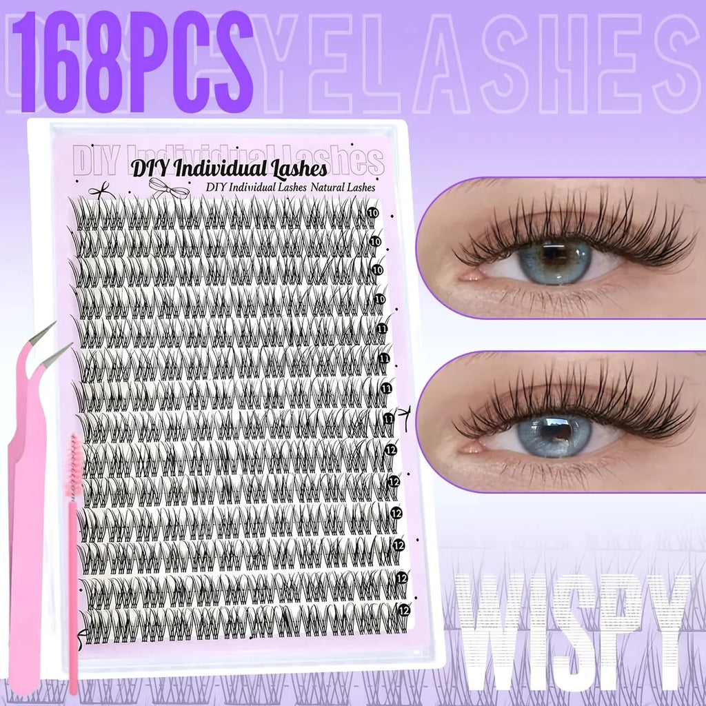 168 Lashes, C-Curl/D-Curl Mixed-Length Natural Volume, DIY Self-Application Eyelash Extensions Individual Lash Applications