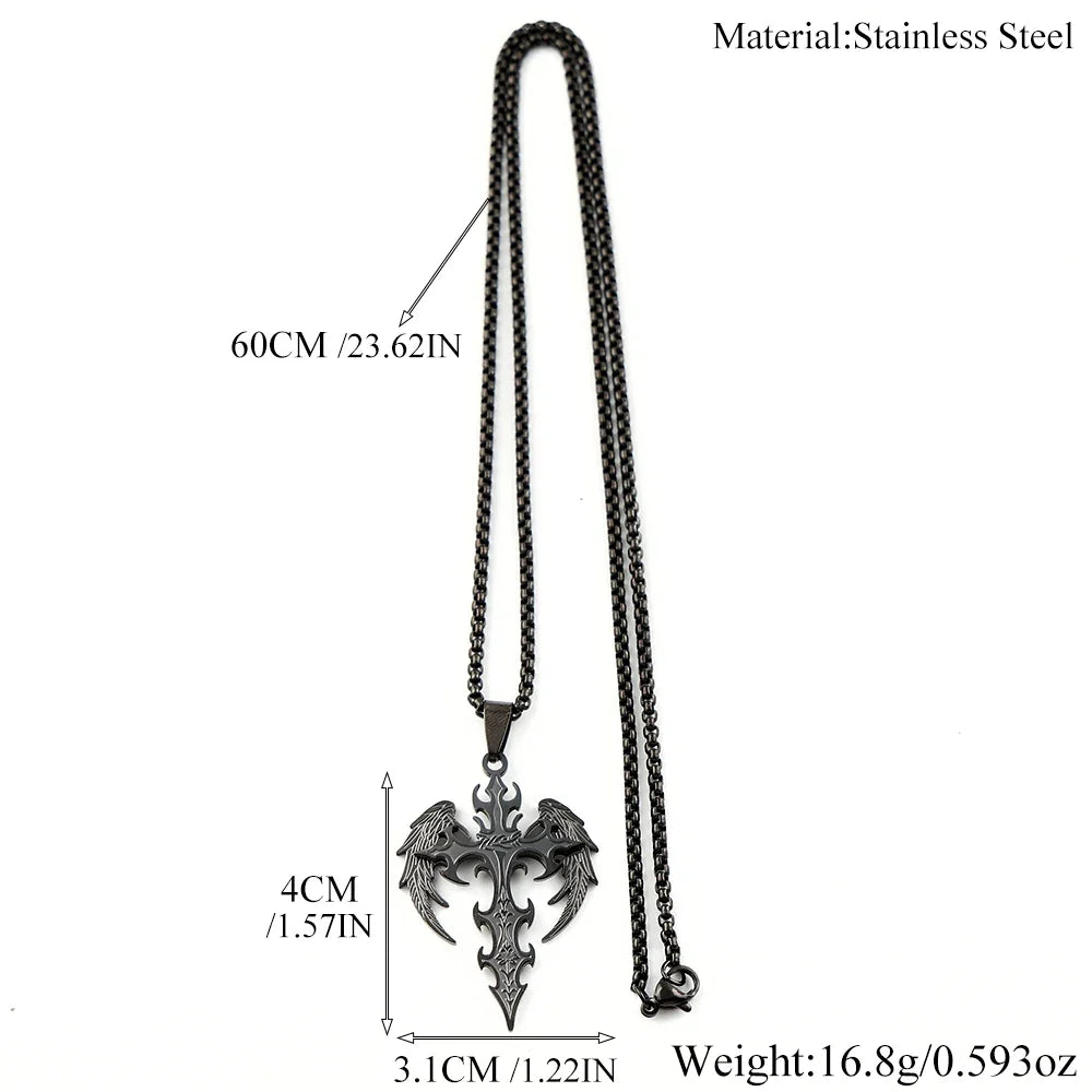 Gothic Punk Angle Wing Spiked Cross Pendant Necklace For Women Men Stainless Steel Black Color Hip Hop Chain Protection Jewelry