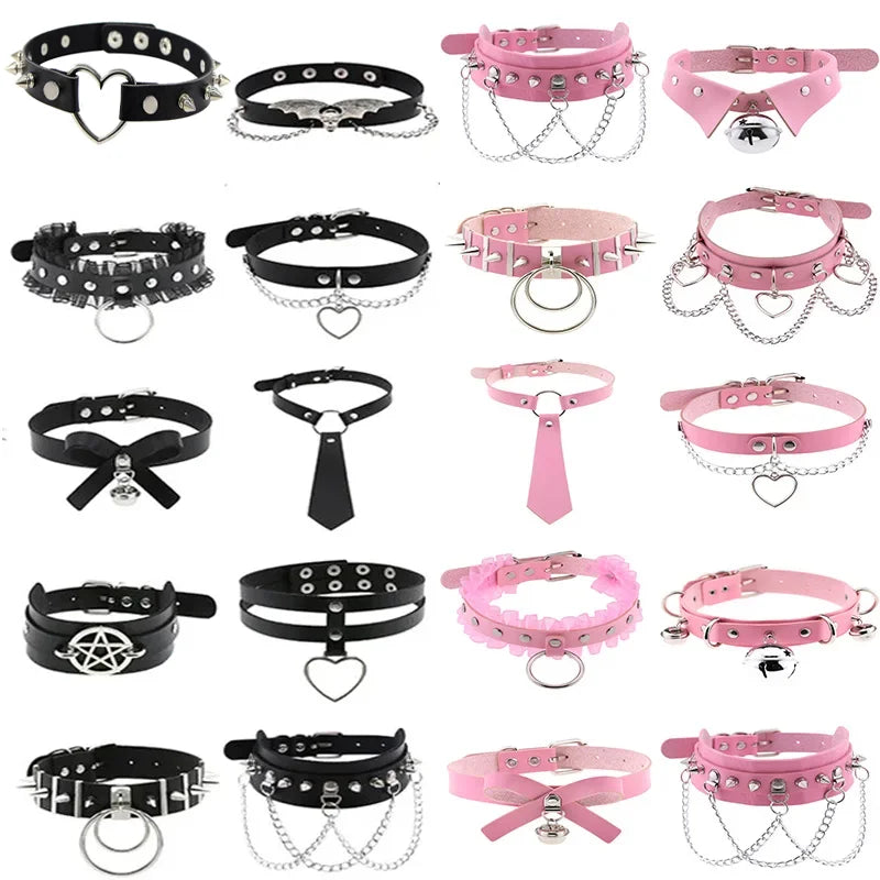 Pink Harajuku Gothic Spike Rivet Star Necklaces Collares Hip Hop Rock Black Bowknot PU Lace Leather Sexy Y2K Girl Choker Jewelry