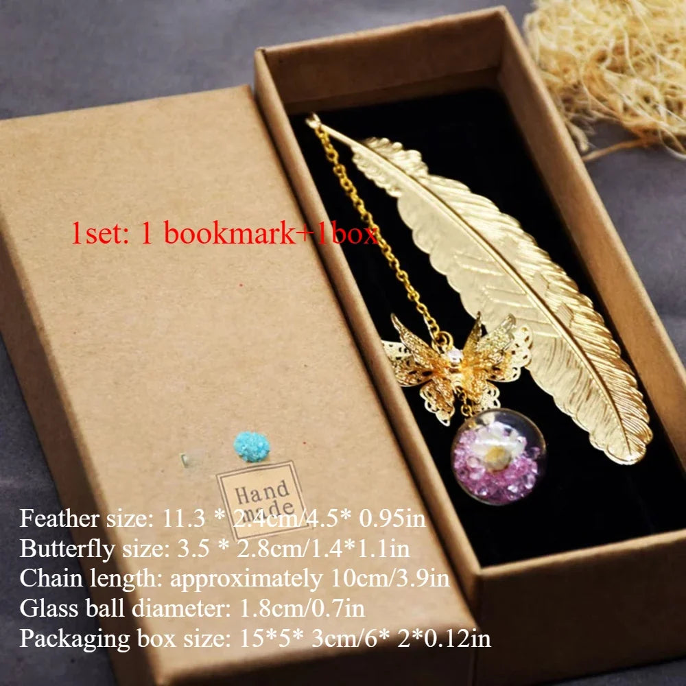 1Pcs Metal Feather Bookmark with Dried Flower Butterfly Boxed ,Teacher's Day Gift, Student Reading Accessory Creative Bookmark
