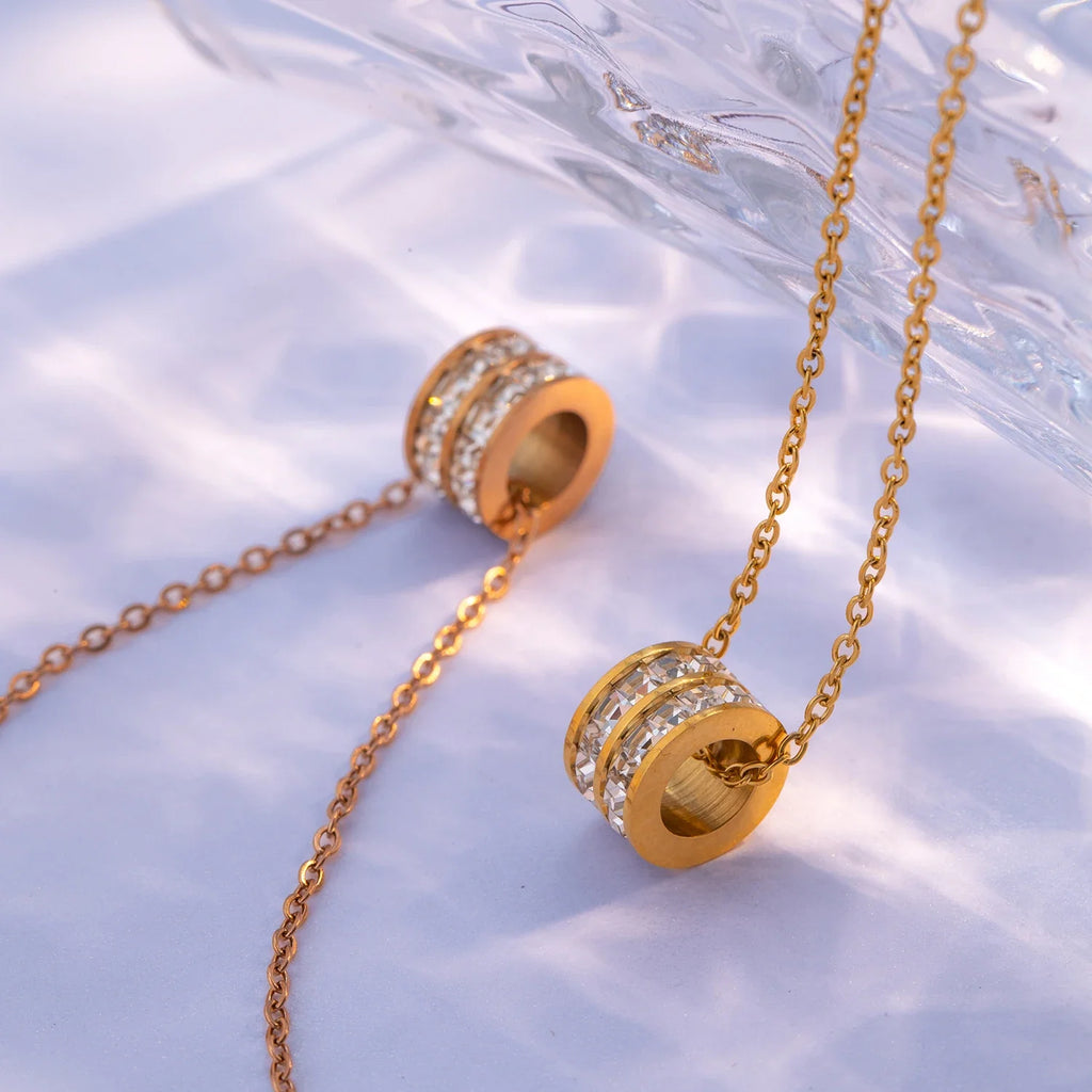 Double Row CZ Pendant Necklace 18K Gold Plated Stainless Steel Waterproof Hypoallergenic Elegant Party Fashion Jewelry for Women