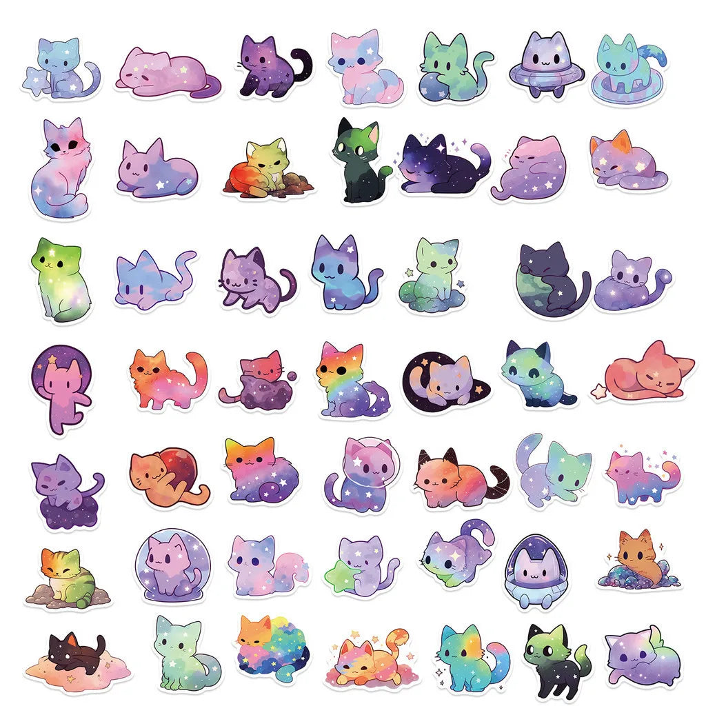 50PCS Colorful Starry Sky Cat Waterproof Graffiti Stickers | Decals for Helmet, Bicycle, Laptop, and More