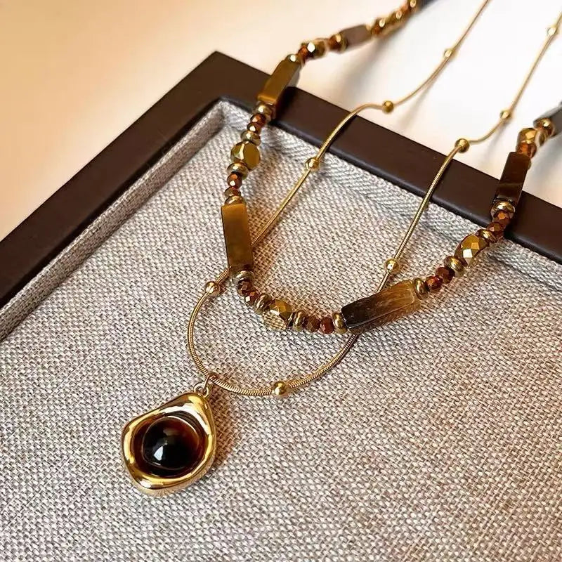 Retro Temperament Layered Tiger Eye Stone Pendant Necklace For Women Stainless Steel Double-Layer Collarbone Chain Sets Jewelry