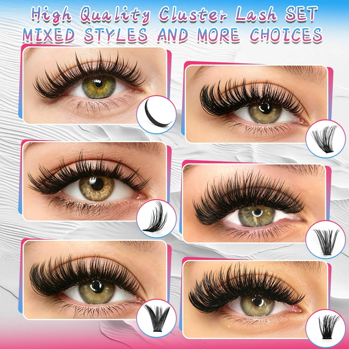 QUEENICE Three Fold Updated New DIY False Eyelash Extension 6 Mixed Styles Fluffy Voluminous Cat eye Spiky lash extensions