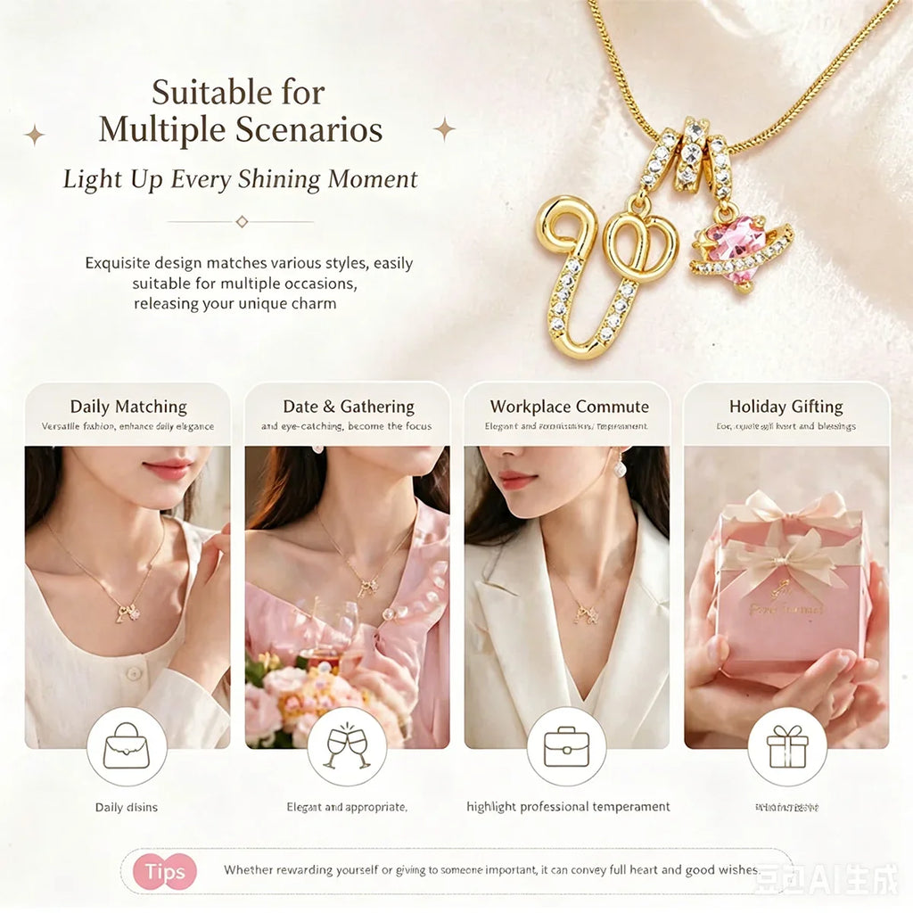 Fashion Letter Necklace for Women Pink Zircon Heart-shaped Pendant Suitable for Girls to Wear Personalized Gold-plated Jewelry