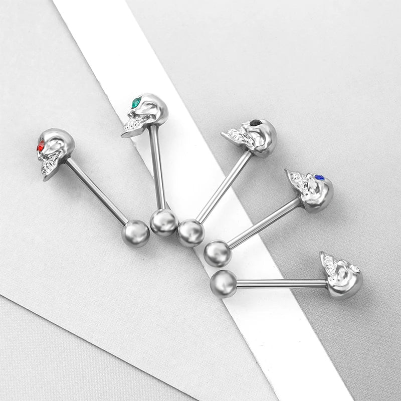 Tongue Rings Stainless Steel 316L, 5 Color Diamond Encrusted Skull Piercing Jewelry
