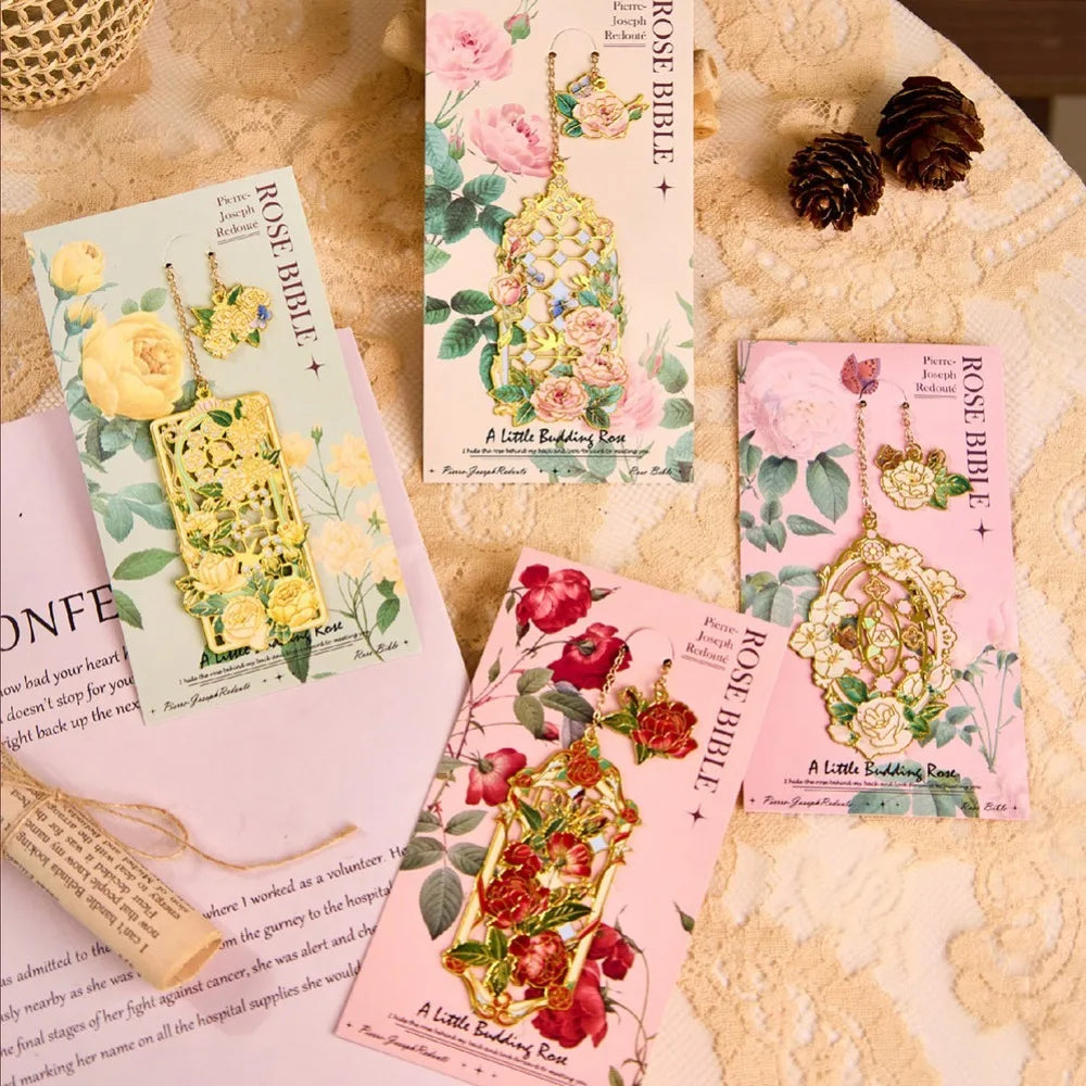 Retro Metal Aesthetic Rose Bookmark Pendant Chinese Style Floral Painting Bookmark Student Reading Mark Book Accessories Gift