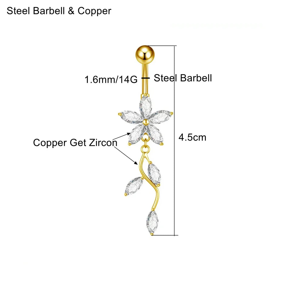 Stainless Steel Dangle Belly Button Ring Crystal Flower with Dangling Marquise Vine Titanium Navel Barbell Body Piercing Jewelry