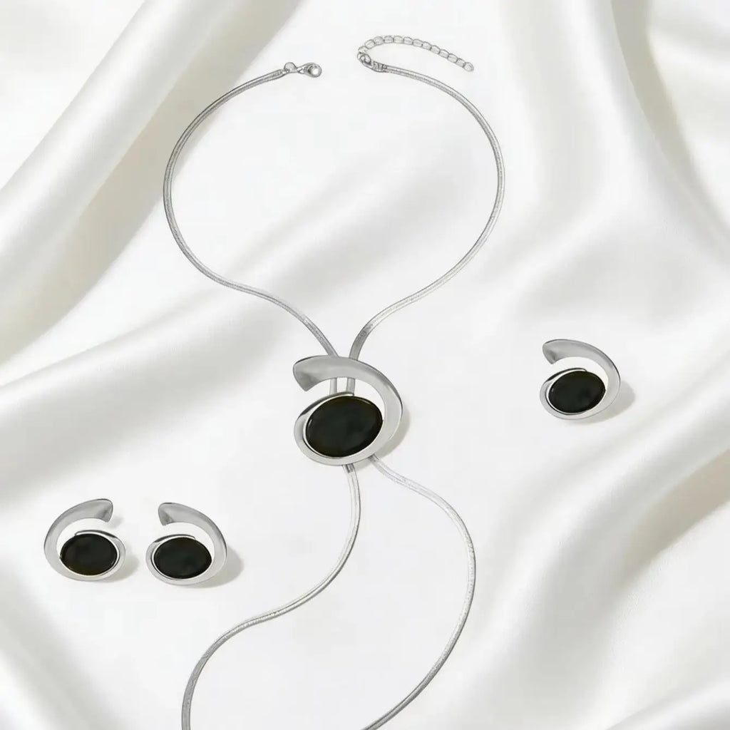 Elegant French Spiral Black Resin Stone /Imitation Baroque Pearl Jewelry Set Women Herringbone Chain Necklace Earrings Ring