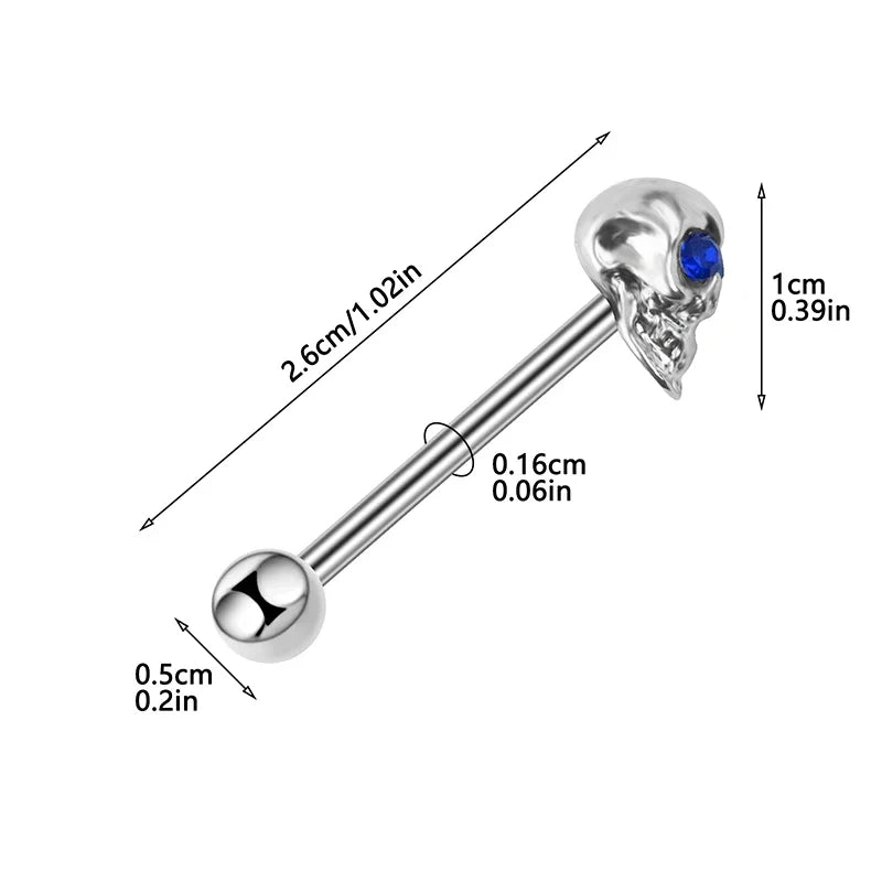 Tongue Rings Stainless Steel 316L, 5 Color Diamond Encrusted Skull Piercing Jewelry