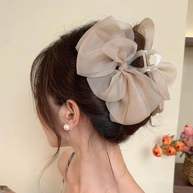 Mesh Bow Grip Clip Female Ponytail Braid Hair Clip Elegant Girl Hair Clip Hair Accessories Gift Shark Clip Headwear