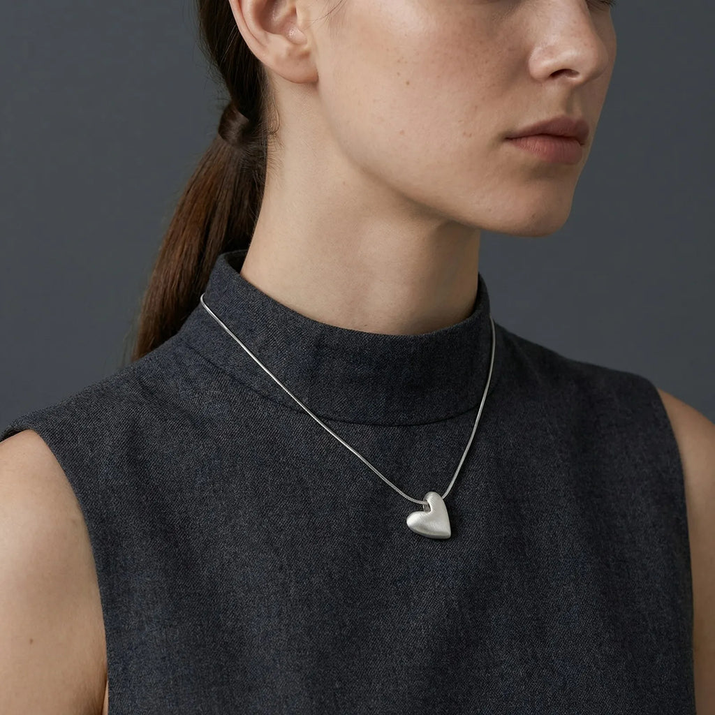 Vnox Minimalism Heart Pendant Snake Chain Necklace for Women Girls, Matte Silver Color Love Pendant Necklace Jewelry Gift