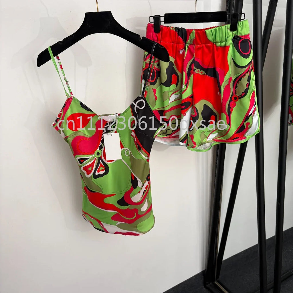 Luxury Red Silk Strap Top & Shorts Set