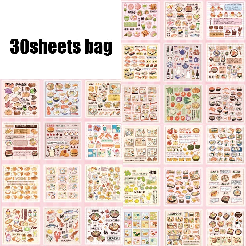 30pcs Japanese Vintage Food Theme Die-Cut Sticker Set | DIY Scrapbooking and Journaling Kit