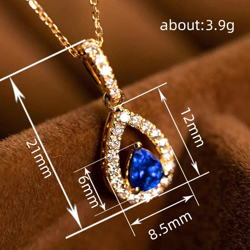 Huitan Gold Color Waterdrop Pendant with Blue Cubic Zirconia Necklace for Women Temperament Accessories Wedding Trendy Jewelry