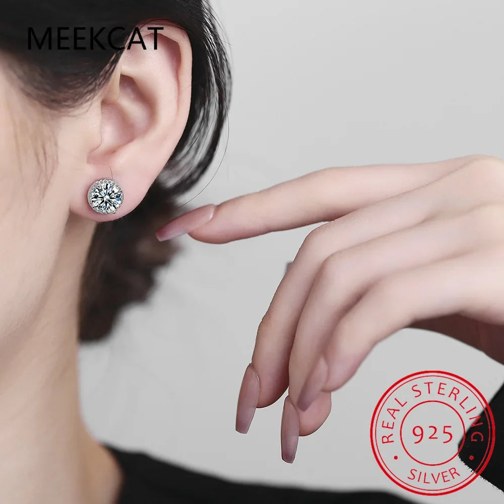 925 Sterling Silver Moissanite Stud Earrings | 2 Carat Round Engagement Wedding Jewelry for Women