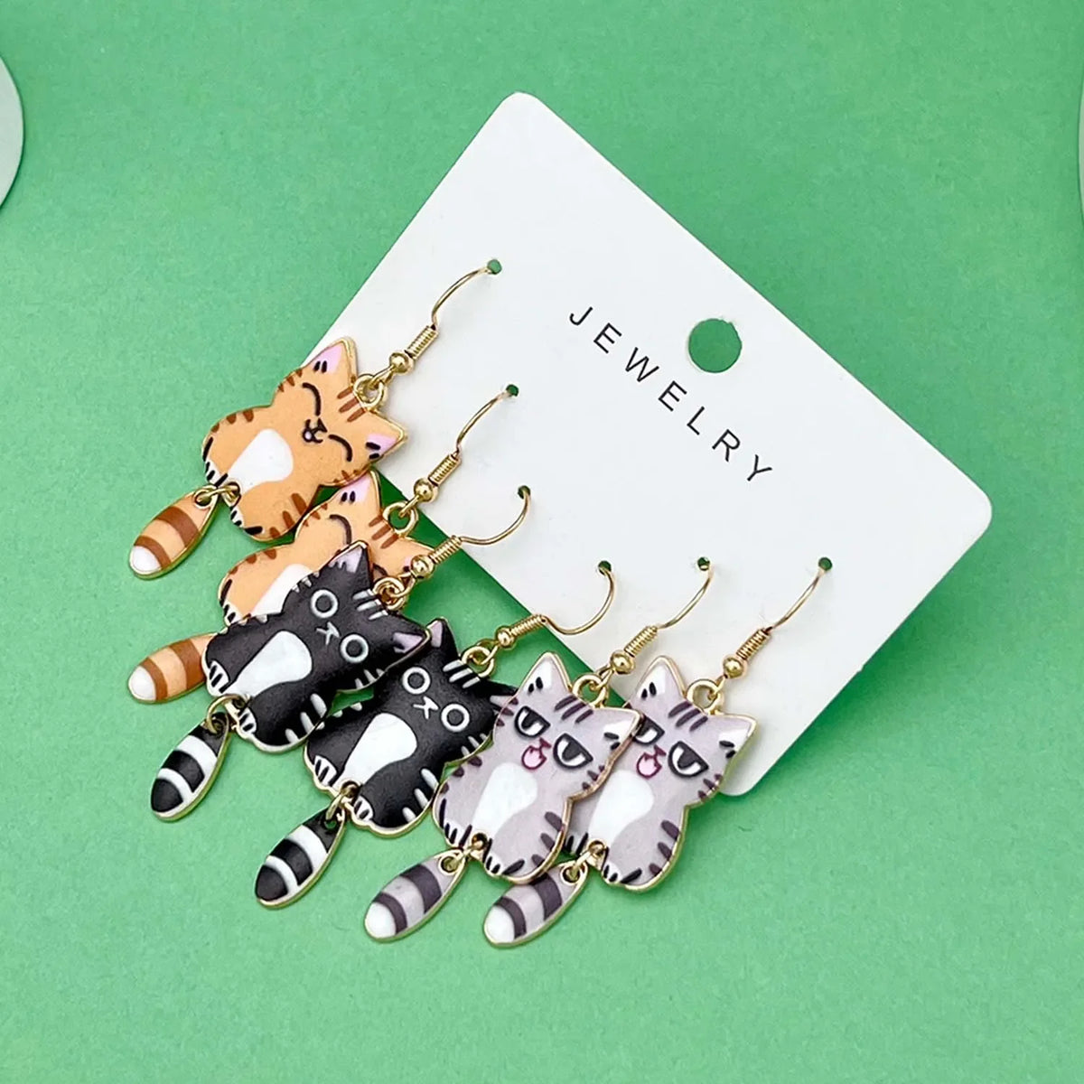 Fashionable Enamel Cat Earrings Set | 3 Pairs Cute Cartoon Drop Earrings for Women and Girls