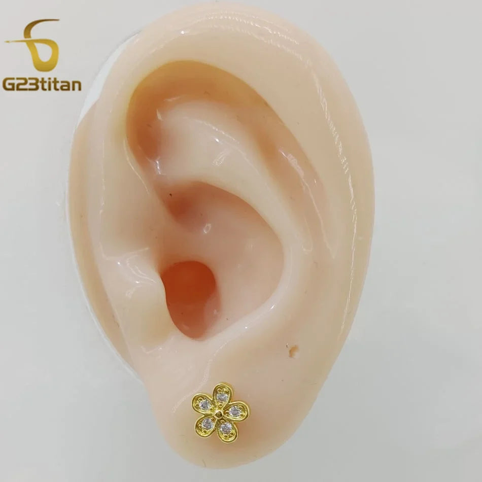 2PC Women's Flower Zircon Stud Earrings 3 Colors Engagement Wedding Jewelry for Cartilage Helix Lobe Piercing
