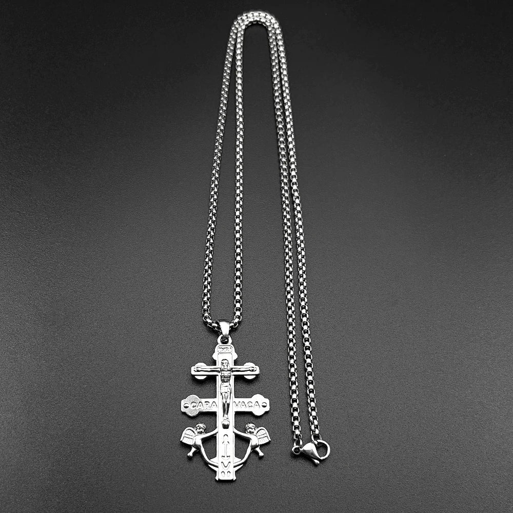 Catholic INRI Caravaca Cross Jesus Crucifix Pendant Necklace | Stainless Steel Gold Color Jewelry Gift