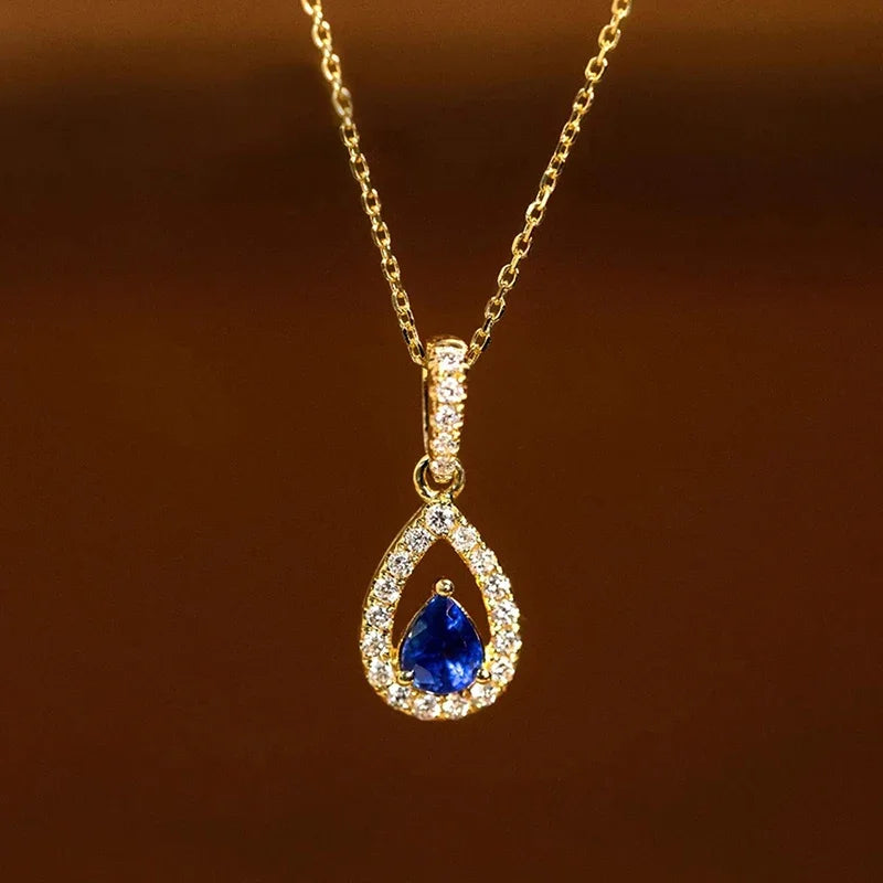 Huitan Gold Color Waterdrop Pendant with Blue Cubic Zirconia Necklace for Women Temperament Accessories Wedding Trendy Jewelry