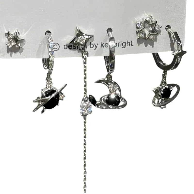 6PCS Goth Punk Vintage Aesthetic Crystal Heart Moon Cross Star Pendant Earrings Set | Grunge Y2K Jewelry
