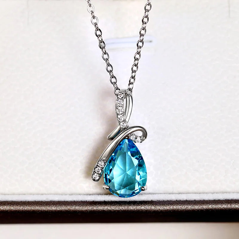 Huitan Elegant Women Pendant Necklace Fresh Style Wedding Anniversary Accessories Inlaid Shining Blue CZ Daily Trendy Jewelry