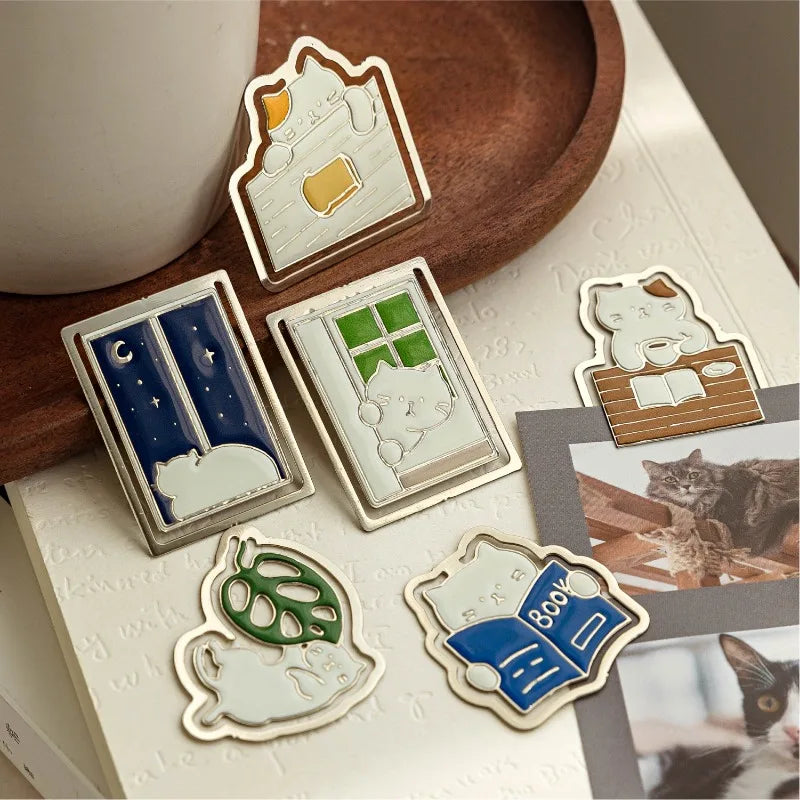 1 Piece Metal Bookmark Cat Life Cute Cartoon Page Clip for Reading Student Gift Book Accessory,Animal Design Book Lover Present
