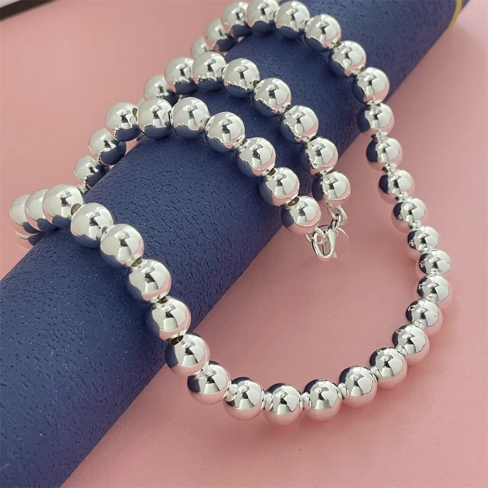 925 Sterling Silver Round Bead Chain Necklace 4/6/8mm Smooth Ball Beads 40-60CM Choker Necklaces for Women Daily Jewelry