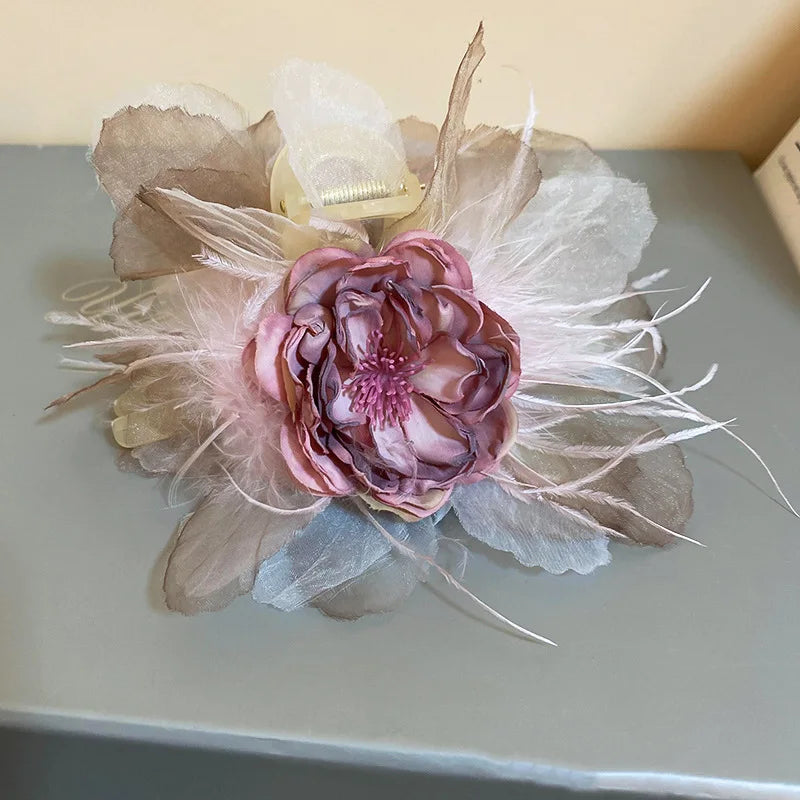 Pink Flower Hair Claws for Women Fashion Sweet Big Hairpin Temperament Grab Clip Lace Hair Accessories Gifts