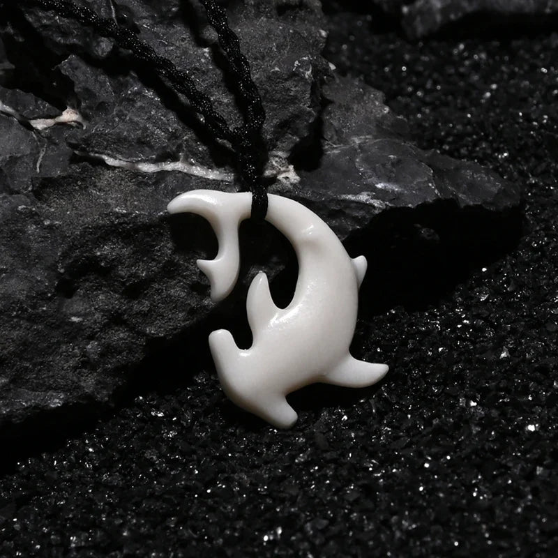 Tribal Hammerhead Shark Bone Pendant Necklace | Hand Carved Maori Amulet Jewelry